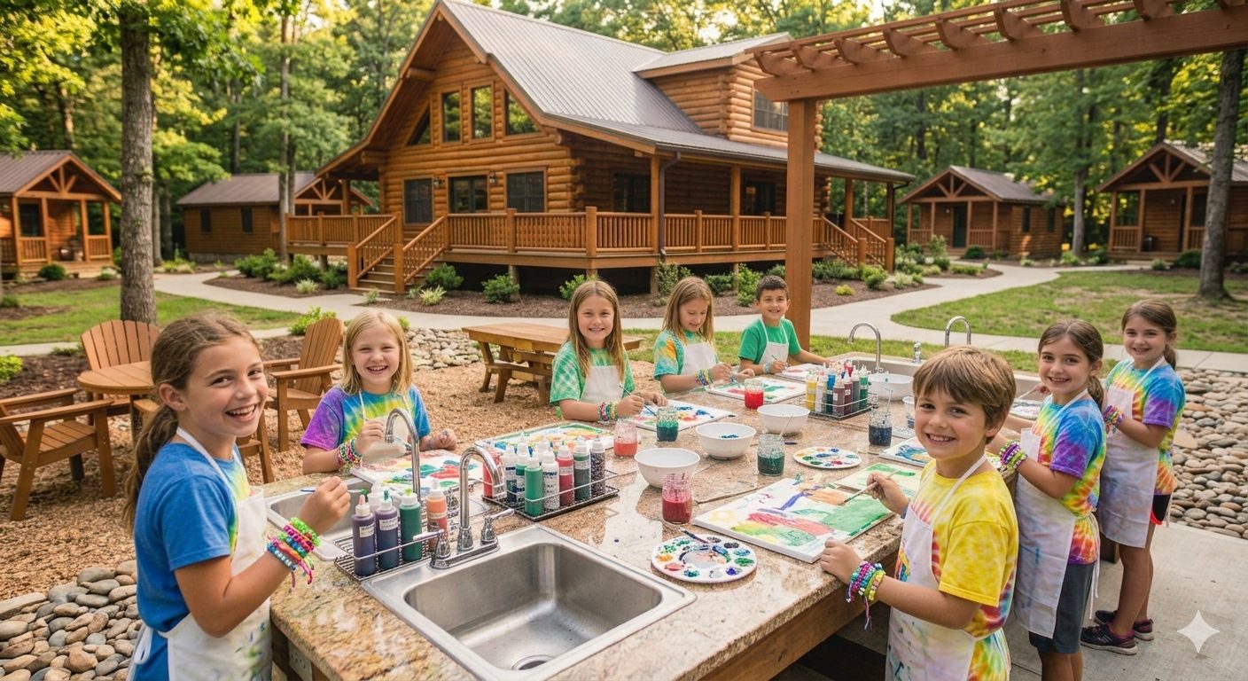 Campers in tie-dye shirts painting together at a craft table outside the lodge